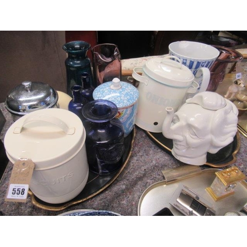 558 - TWO TRAYS OF MISCELLANEOUS TEAPOTS INCLUDING MARGARET THATCHER EXAMPLE