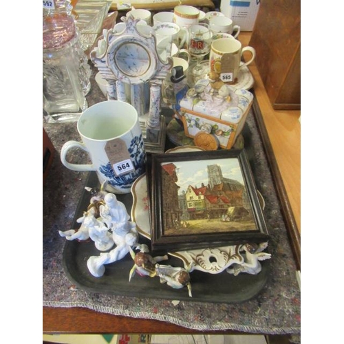 564 - TRAY OF CERAMICS INCLUDING TWO MINTON TILES AND A WATCH STAND