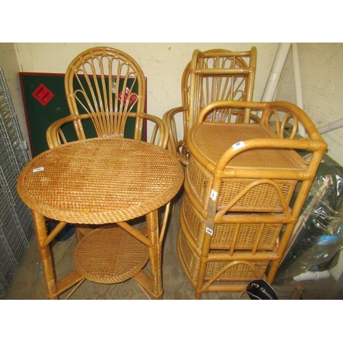 606 - WICKER CHEST  TWO WICKER CHAIRS    SHELF AND TWO TIER TABLE