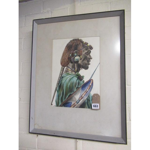 663 - WATERCOLOUR OF AFRICAN WARRIOR SIGNED J.P.LUDU