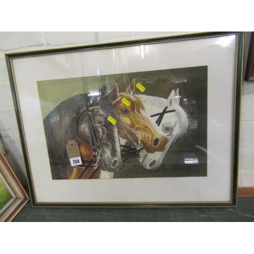 734 - FRAMED SILK PICTURE OF THREE HORSES