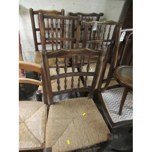 769 - FIVE RUSH SEAT OAK CHAIRS