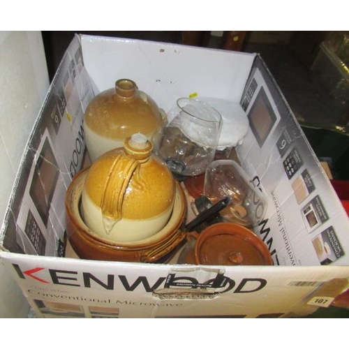 107 - BOX OF STONEWARE AND GLASS ETC