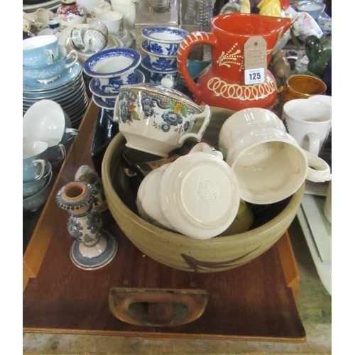 125 - WOODEN TRAY WITH SLIP DECORATED JUG AND BRETBY POTTERY