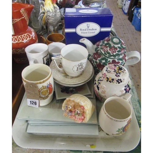 126 - TRAY INCLUDING MASONS GINGER JAR AND COMMEMORATIVE  MUGS ETC