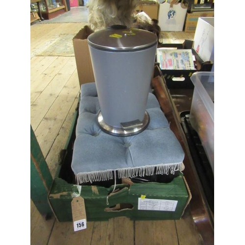 156 - BLUE FOOTSTOOL WITH PAPER SHREDDER AND BAROMETER