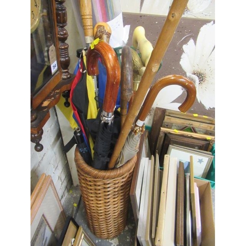 174 - WICKER STICK STAND WITH UMBRELLAS AND WALKING STICKS