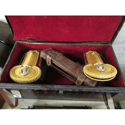 27 - TIN BOX OF DRESS EPAULETTS  BELT AND TELESCOPE