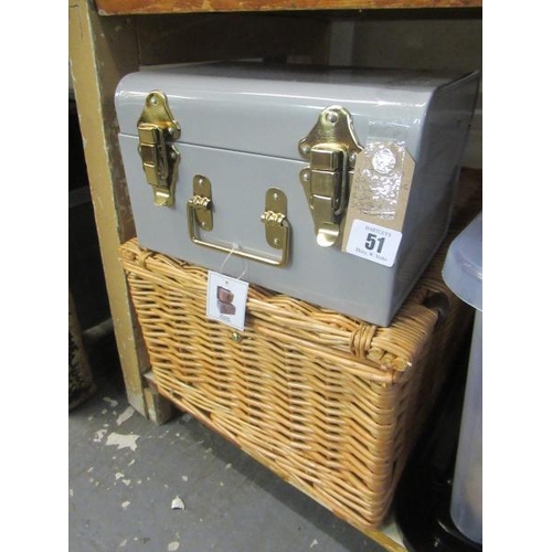 51 - SMALL PICNIC HAMPER AND TWO SMALL STORAGE TRUNKS