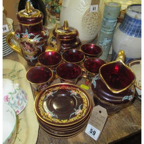 59 - RED GLASS AND GILT TEA AND COFFEE SERVICE