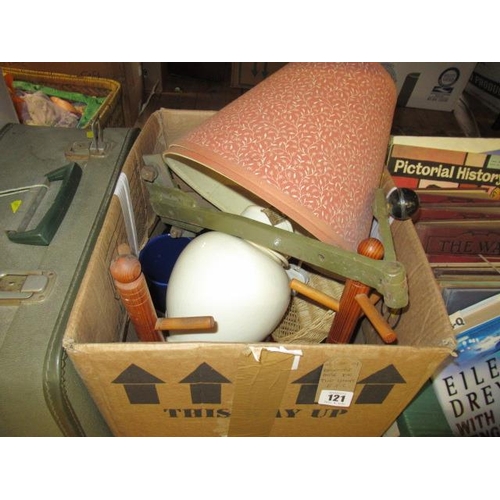 121 - BOX OF MISCELLANEOUS INCLUDING TWO LAMPS ETC