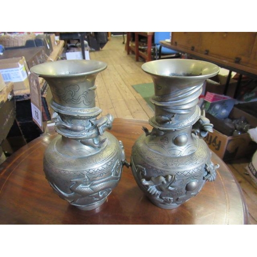 13 - PAIR OF CHINESE BRASS DRAGON VASES