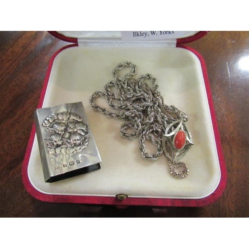 216 - SILVER MATCHBOX COVER WITH TWO SILVER CHAINS ONE WITH PENDANT