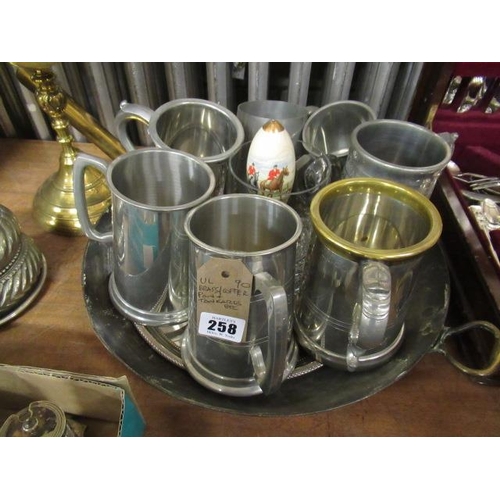 258 - BRASS AND COPPER PAN WITH TANKARDS ETC