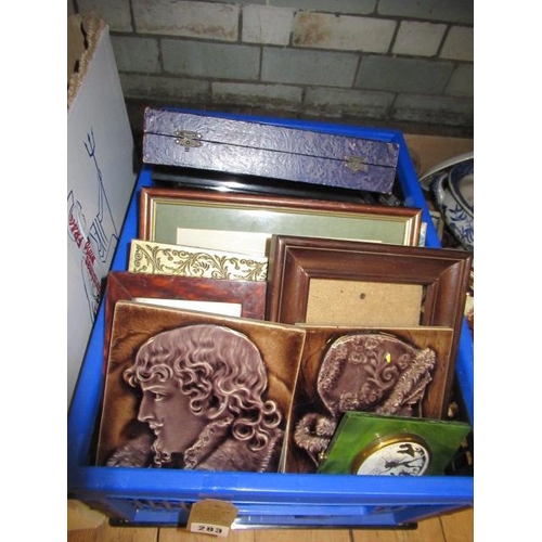 283 - CRATE OF FRAMES AND CERAMIC TILES ETC