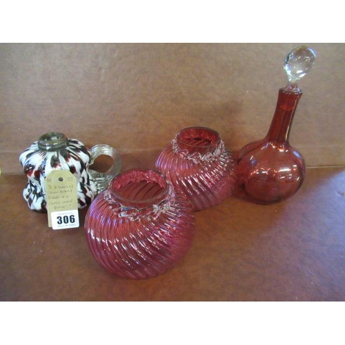 306 - THREE PIECES OF CRANBERRY GLASS AND A GLASS LAMP BASE