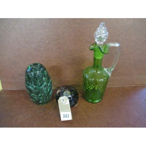 307 - GREEN GLASS LIQUEUR  BOTTLE  GLASS DUMP AND A PAPERWEIGHT