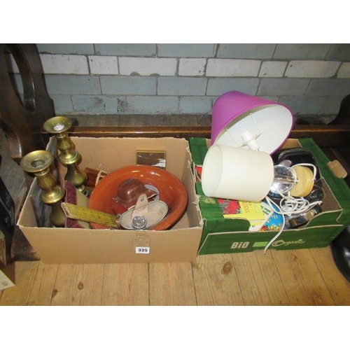 335 - TWO BOXES OF MISCELLANEOUS INCLUDING BRASS CANDLESTICKS AND TABLE LAMPS