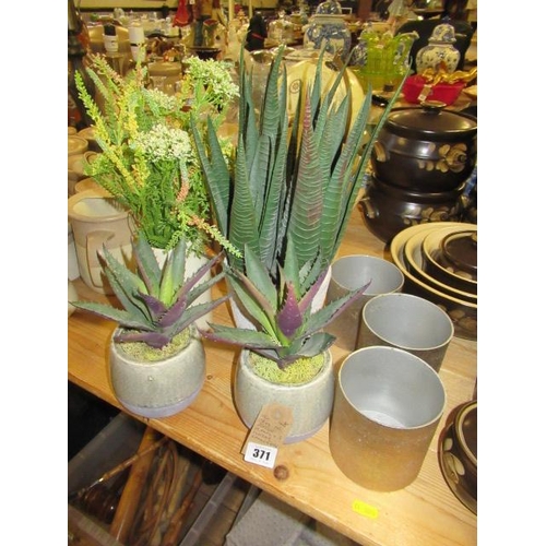 371 - QUANTITY OF FAUX PLANTS AND THREE METAL CANISTERS