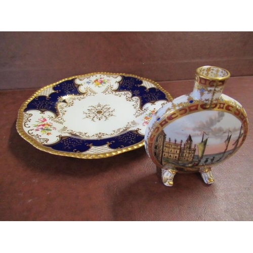 396 - COALPORT PLATE AND A SMALL PORCELAIN MOON FLASK