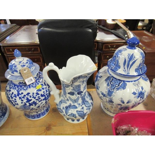 419 - TWO LIDDED VASES AND A JUG