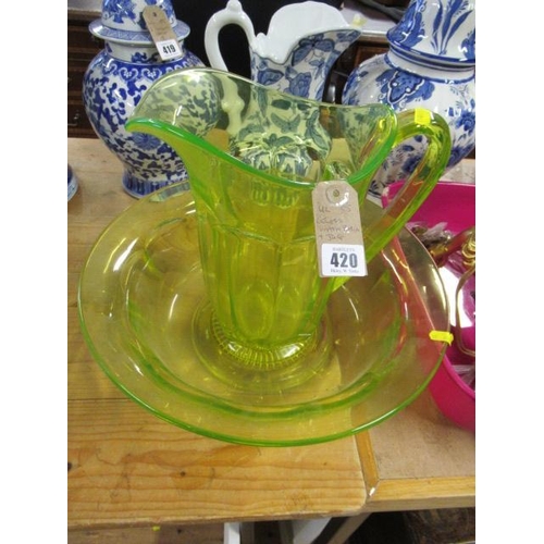 420 - GLASS WASH BASIN AND A JUG