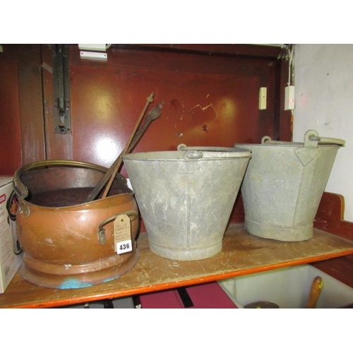 436 - COPPER COAL BUCKET AND TWO GALVANISED BUCKETS