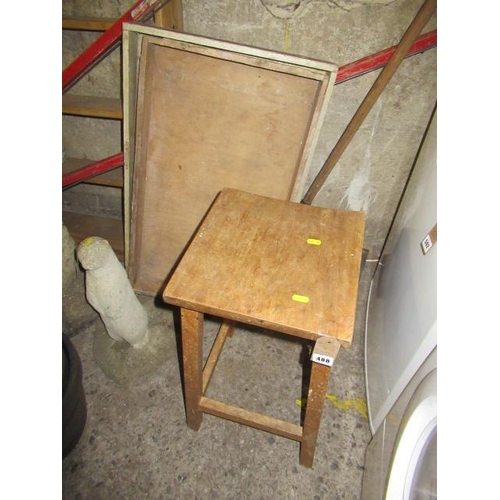 488 - TWO WOODEN TRAYS AND A STOOL