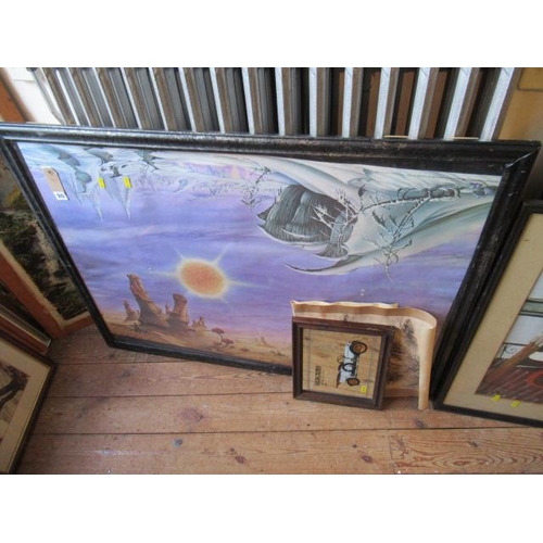 515 - LARGE FRAMED FANTASY PRINTS AND A MERCEDES MIRROR ETC