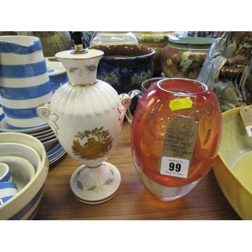 99 - ORANGE GLASS VASE AND STAFFORDSHIRE LAMP BASE