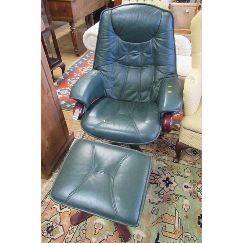 888 - GREEN LEATHER CHAIR AND STOOL