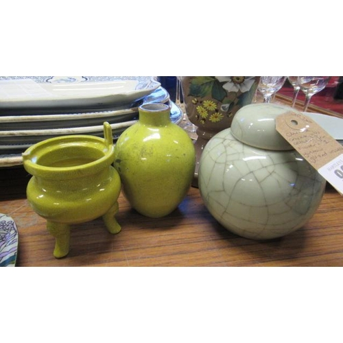 96 - CHINESE CRACKLE GLAZE CELADON VASE AND COVER AND TWO YELLOW GLAZED VESSELS