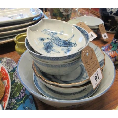 97 - PAIR OF CHINESE BLUE AND WHITE RICE BOWLS AND SAUCERS ETC