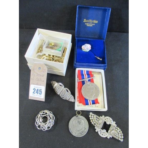 245 - THREE BOXES OF COSTUME JEWELLERY INCLUDING MEDAL