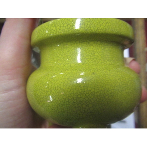 96 - CHINESE CRACKLE GLAZE CELADON VASE AND COVER AND TWO YELLOW GLAZED VESSELS