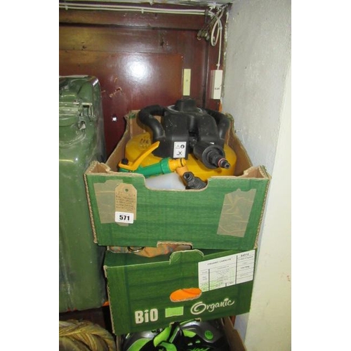 571 - BOX OF ORANGE WORK JACKETS AND A BOX OF JETWASH HOSE ACCESSORIES