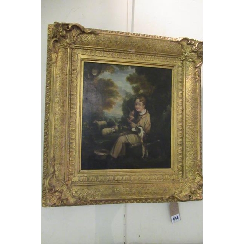 648 - GILT FRAMED OIL ON CANVAS OF A BOY AND DOG