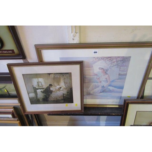 664 - TWO FRAMED PRINTS AND PAINTED LEAF PICTURES