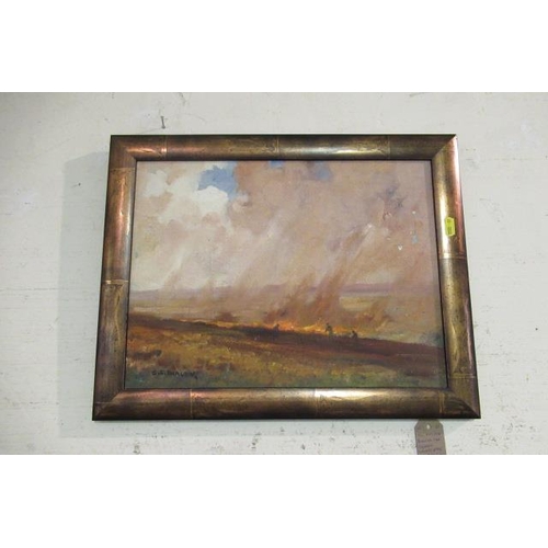 704 - GILT FRAMED OIL BURNING THE STUBBLE WHARFEDALE BY BARLOW