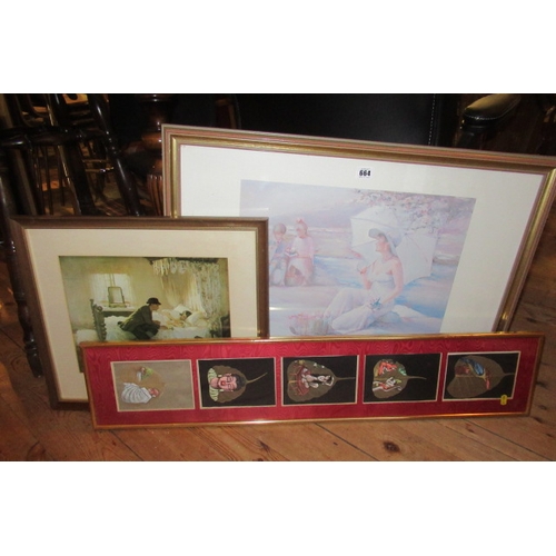 664 - TWO FRAMED PRINTS AND PAINTED LEAF PICTURES