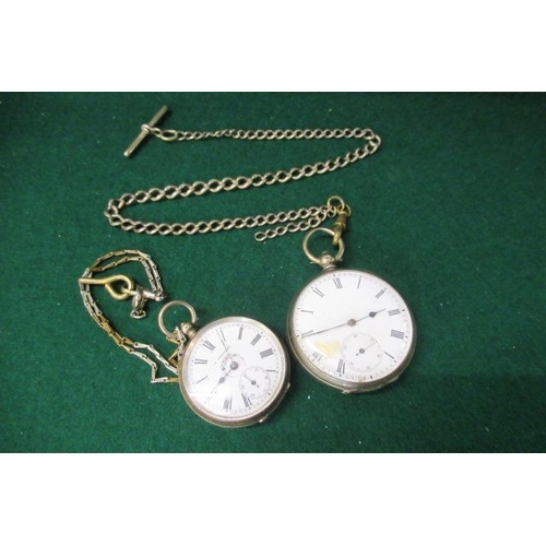 279 - TWO SILVER POCKET WATCHES WITH CHAIN