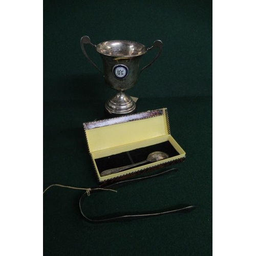 320 - SMALL SILVER TROPHY AND SILVER SUGAR TONGS ETC