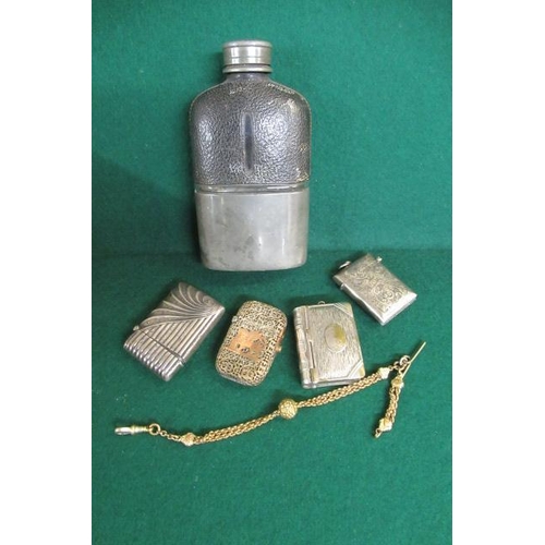 328 - FILIGREE SILVER AND OTHER VESTA CASES   CHAIN AND HIP FLASK