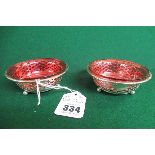 334 - PAIR OF SILVER DISHES WITH CRANBERRY LINERS BIRMINGHAM 1911