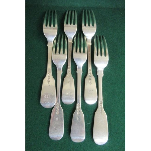 353 - SIX VARIOUS SILVER FIDDLE PATTERN DESSERT FORKS