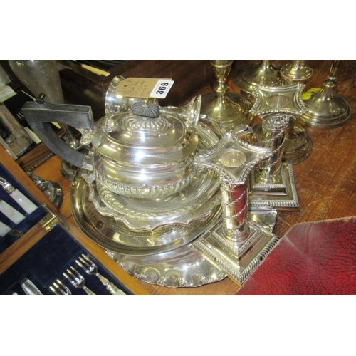 369 - EPNS TEAPOT  PAIR OF CANDLESTICKS  ETC