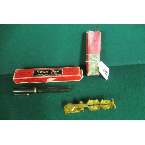 429 - BRASS SOVEREIGN SCALES AND SWAN FOUNTAIN PEN IN ORIGINAL BOXES