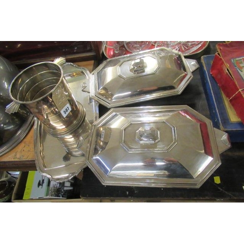 507 - TWO PLATED DECO STYLE ENTREE DISHES AND A TRAY WITH COOLER