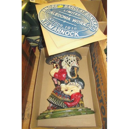 512 - CAST IRON PUNCH AND JUDY AND RAILWAY SIGN