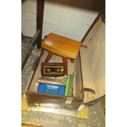 574 - OLD LEATHER SUITCASE AND CONTENTS AND STOOL